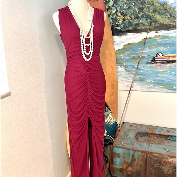 NWT FASHION NOVA, Don't Ruche Me Mesh Gown, Burgundy Wine, Instantly Slimming,L - Picture 6 of 16